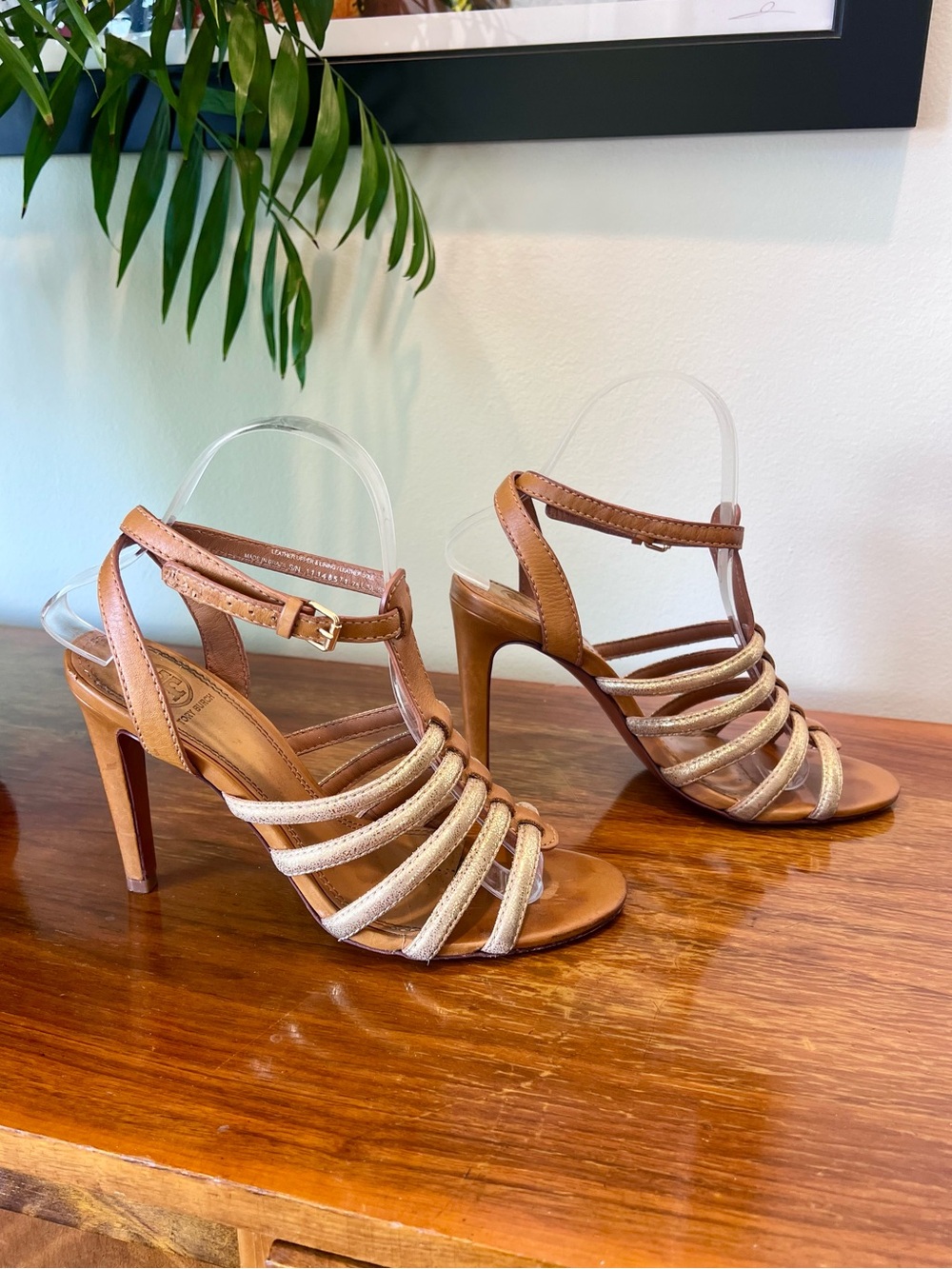 Tory Burch Tan & Metallic Gold Stilettos